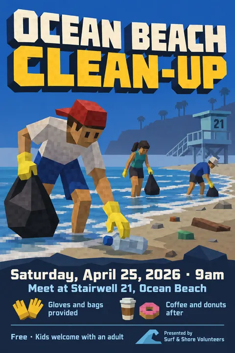 Low Poly style poster for a fictional event called Ocean Beach Clean-up