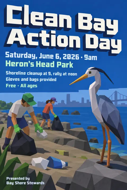 Low Poly style event poster for a fictional protest: Clean Bay Action Day