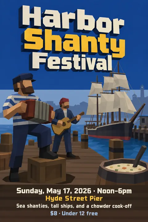 Low Poly style event poster for a fictional festival: Harbor Shanty Festival