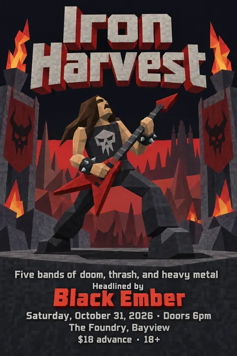 Low Poly style poster for a fictional event called Iron Harvest