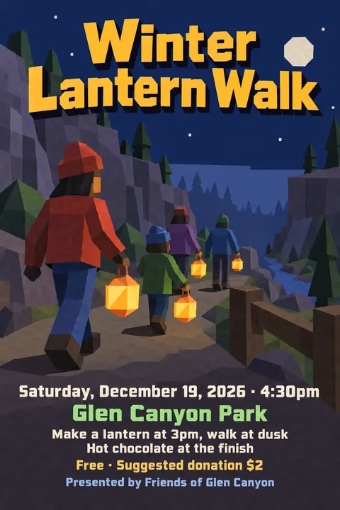 Low Poly style poster for a fictional event called Winter Lantern Walk