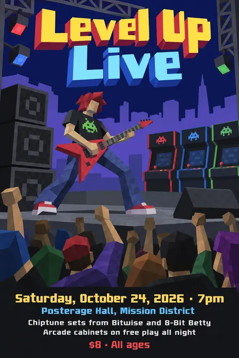Low Poly style poster for a fictional event called Level Up Live