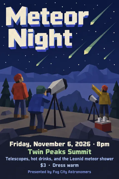 Low Poly style poster for a fictional event called Meteor Night