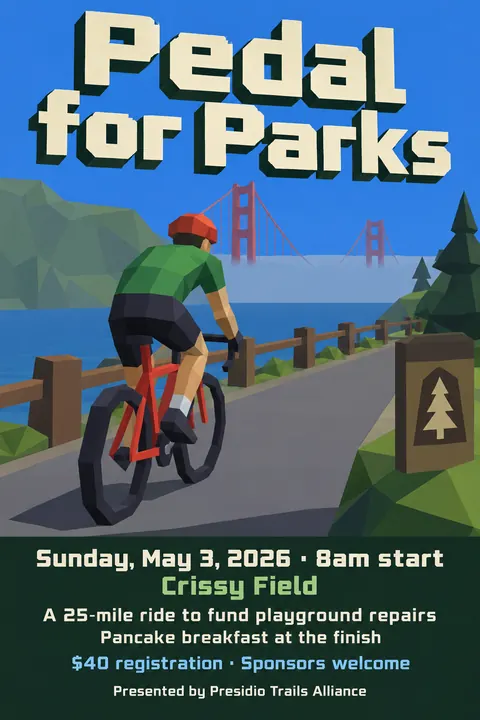 Low Poly style event poster for a fictional fundraiser: Pedal for Parks