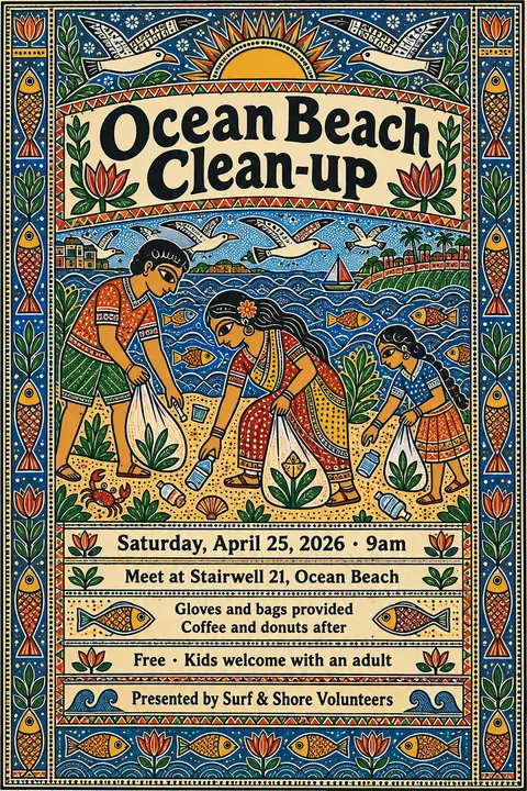 Madhubani / Indian Folk Art style poster for a fictional event called Ocean Beach Clean-up