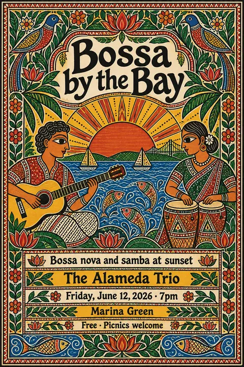 Madhubani / Indian Folk Art style poster for a fictional event called Bossa by the Bay