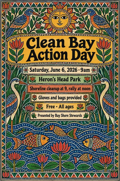 Madhubani / Indian Folk Art style event poster for a fictional protest: Clean Bay Action Day