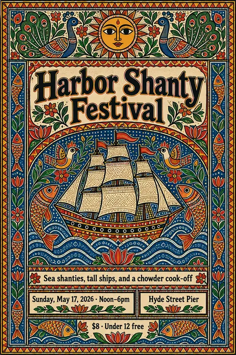 Madhubani / Indian Folk Art style event poster for a fictional festival: Harbor Shanty Festival