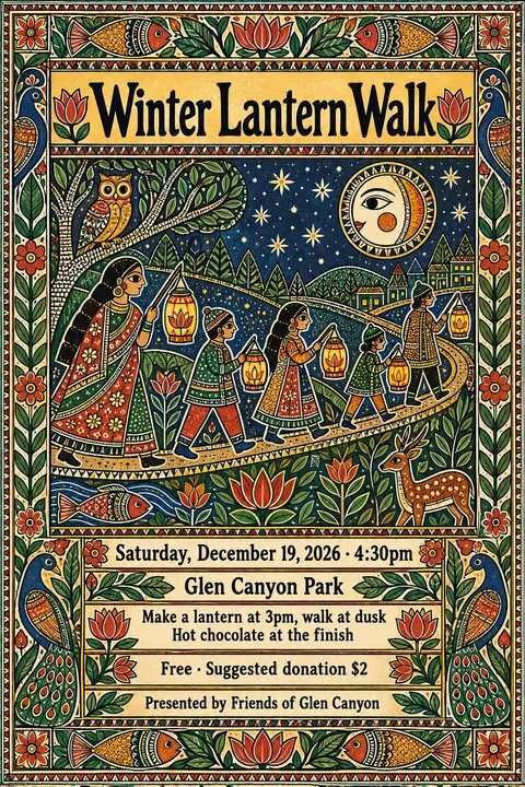 Madhubani / Indian Folk Art style poster for a fictional event called Winter Lantern Walk