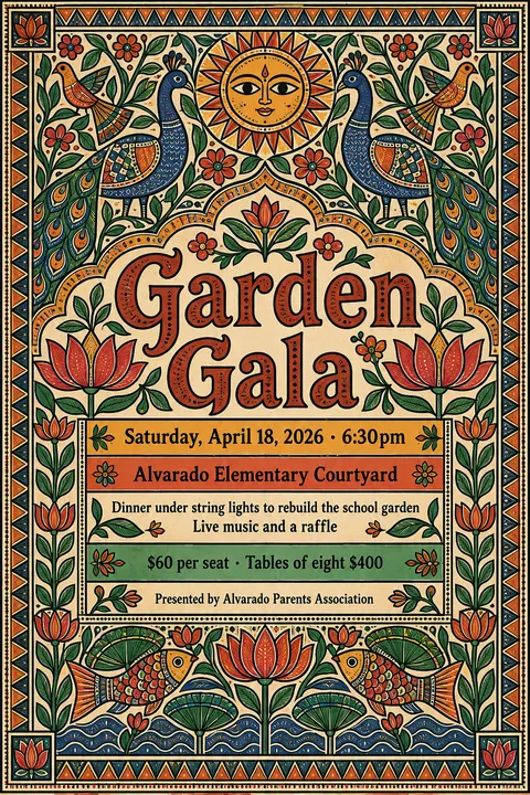 Madhubani / Indian Folk Art style event poster for a fictional fundraiser: Garden Gala