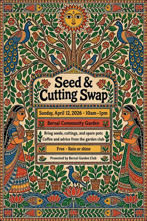 Madhubani / Indian Folk Art style poster for a fictional event called Seed & Cutting Swap