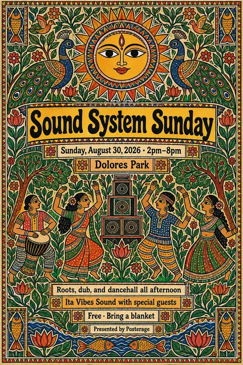 Madhubani / Indian Folk Art style poster for a fictional event called Sound System Sunday