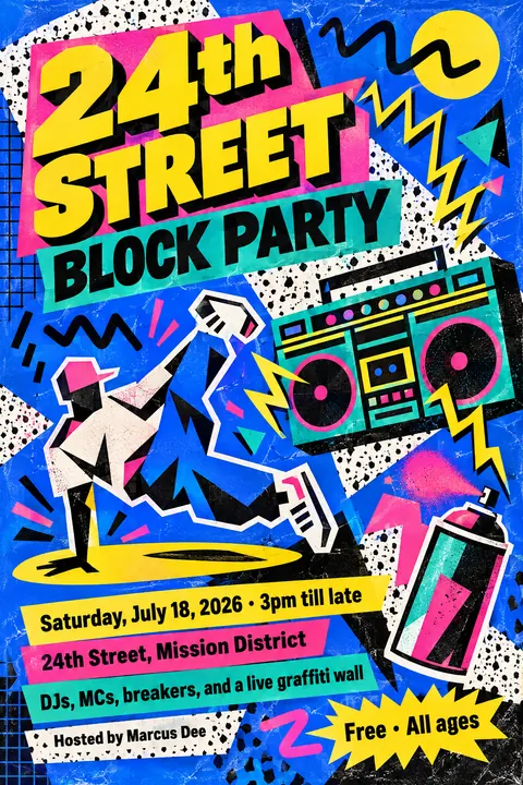Memphis / 80s Postmodern style poster for a fictional event called 24th Street Block Party