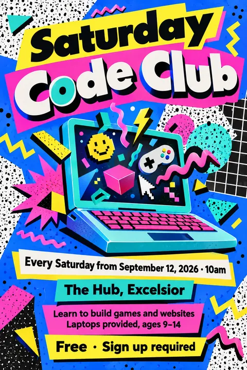 Memphis / 80s Postmodern style poster for a fictional event called Saturday Code Club