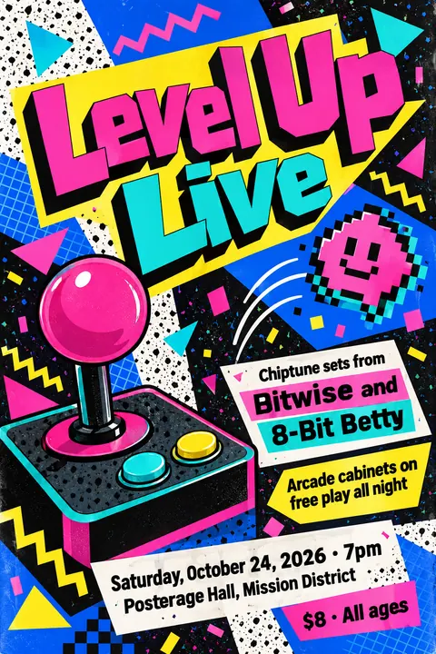 Memphis / 80s Postmodern style poster for a fictional event called Level Up Live