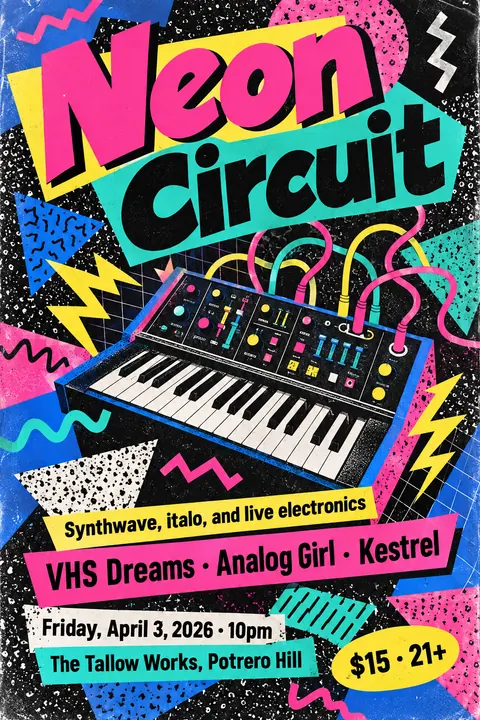 Memphis / 80s Postmodern style poster for a fictional event called Neon Circuit