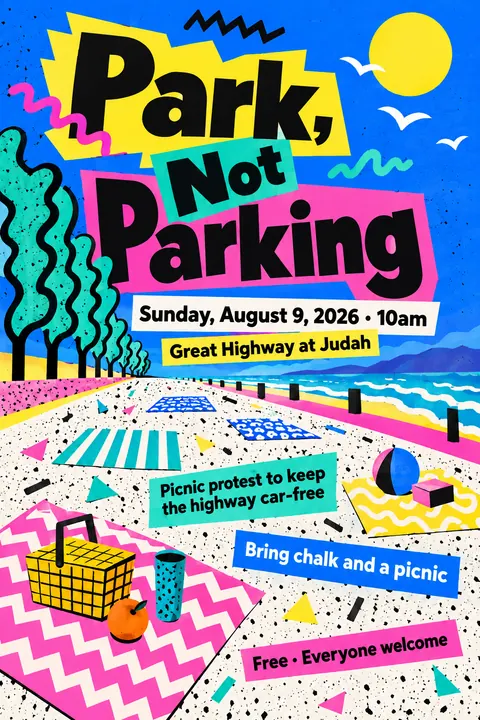 Memphis / 80s Postmodern style event poster for a fictional protest: Park, Not Parking