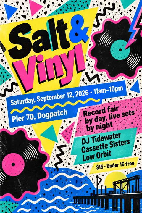 Memphis / 80s Postmodern style event poster for a fictional festival: Salt & Vinyl