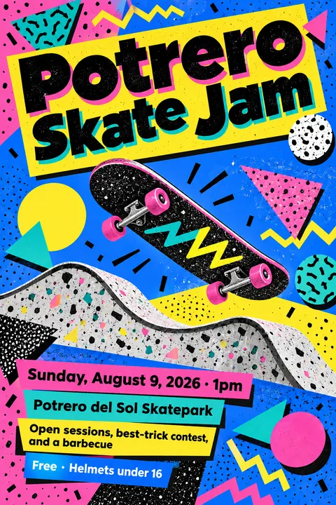 Memphis / 80s Postmodern style poster for a fictional event called Potrero Skate Jam