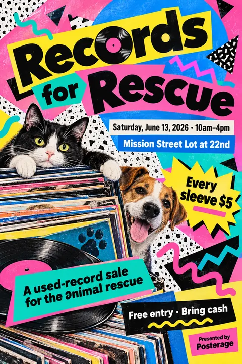 Memphis / 80s Postmodern style event poster for a fictional fundraiser: Records for Rescue