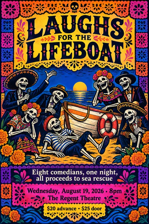 Mexican Calavera / Posada style event poster for a fictional fundraiser: Laughs for the Lifeboat