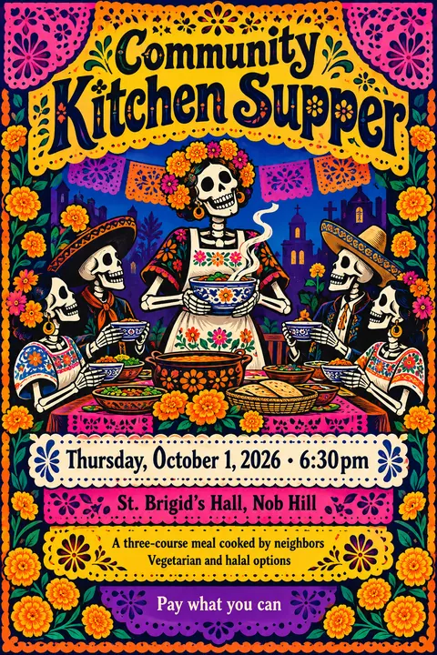 Mexican Calavera / Posada style poster for a fictional event called Community Kitchen Supper
