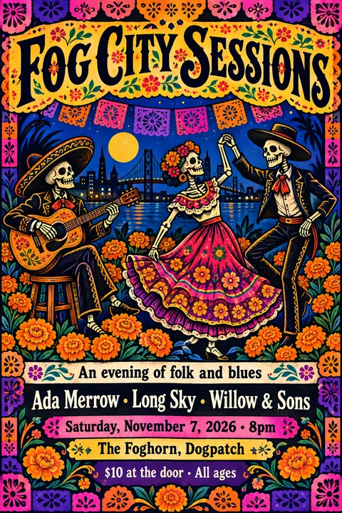 Mexican Calavera / Posada style poster for a fictional event called Fog City Sessions