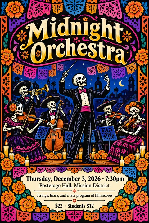 Mexican Calavera / Posada style poster for a fictional event called Midnight Orchestra