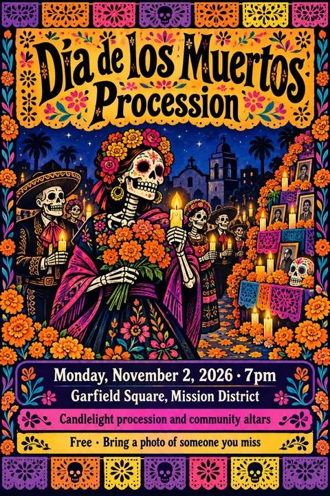 Mexican Calavera / Posada style poster for a fictional event called Día de los Muertos Procession