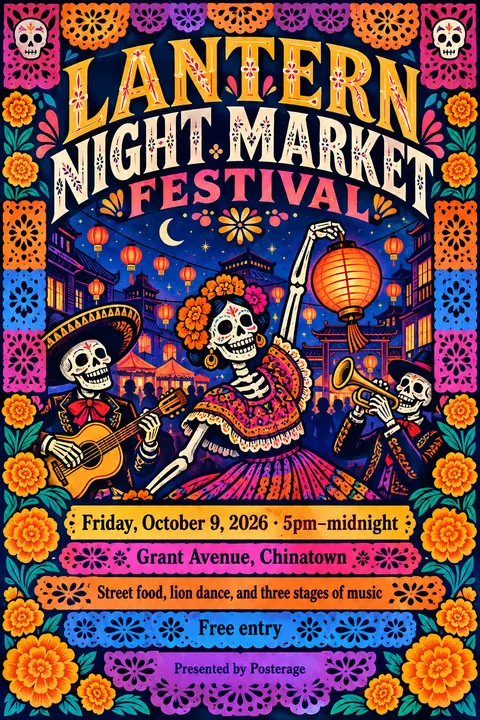 Mexican Calavera / Posada style event poster for a fictional festival: Lantern Night Market Festival