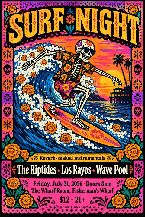 Mexican Calavera / Posada style poster for a fictional event called Surf Night