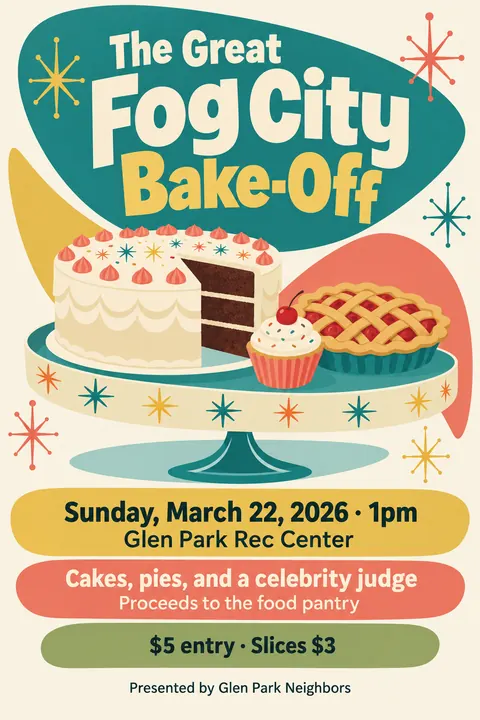 Mid-century Modern Graphic style event poster for a fictional fundraiser: The Great Fog City Bake-Off