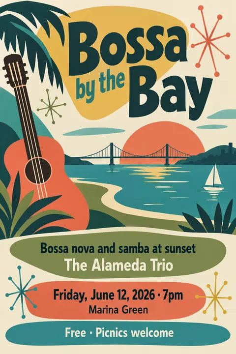 Mid-century Modern Graphic style poster for a fictional event called Bossa by the Bay