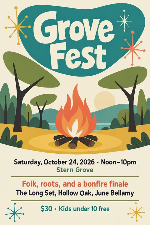 Mid-century Modern Graphic style event poster for a fictional festival: Grove Fest