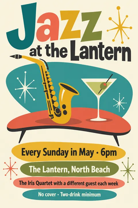 Mid-century Modern Graphic style poster for a fictional event called Jazz at the Lantern
