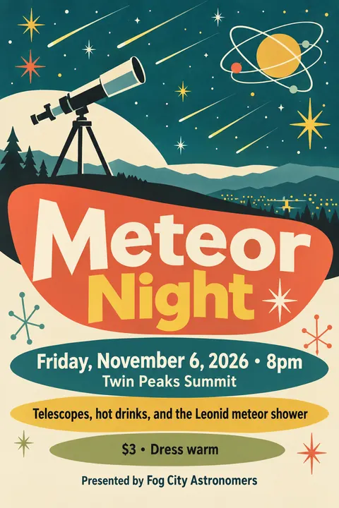 Mid-century Modern Graphic style poster for a fictional event called Meteor Night