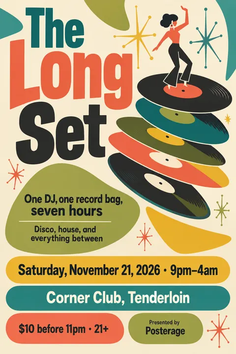 Mid-century Modern Graphic style poster for a fictional event called The Long Set