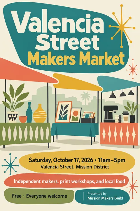 Mid-century Modern Graphic style poster for a fictional event called Valencia Street Makers Market
