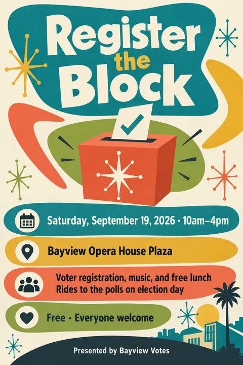 Mid-century Modern Graphic style event poster for a fictional protest: Register the Block