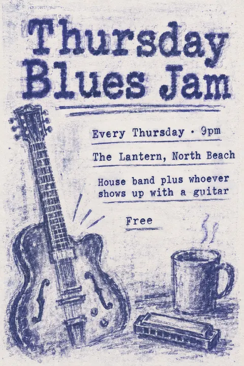 Mimeograph / Ditto Machine style poster for a fictional event called Thursday Blues Jam