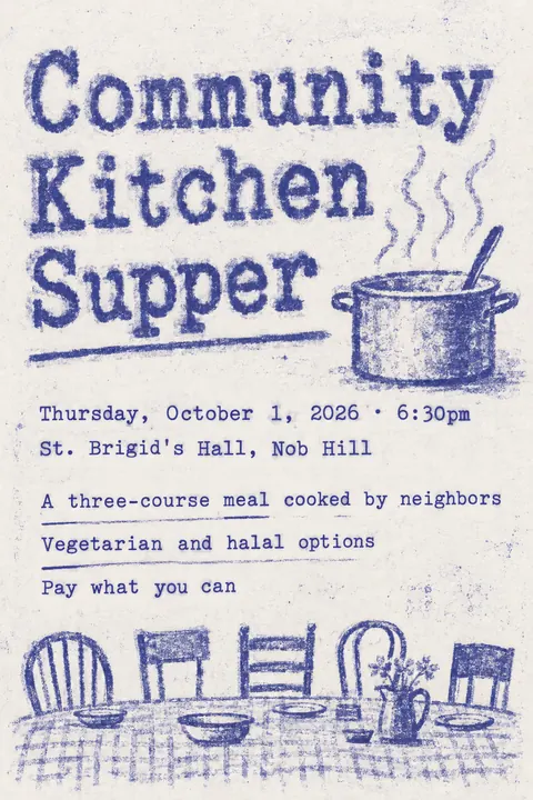 Mimeograph / Ditto Machine style poster for a fictional event called Community Kitchen Supper