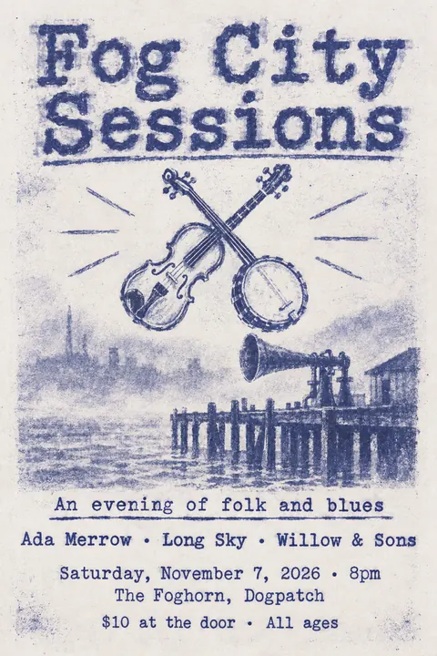 Mimeograph / Ditto Machine style poster for a fictional event called Fog City Sessions