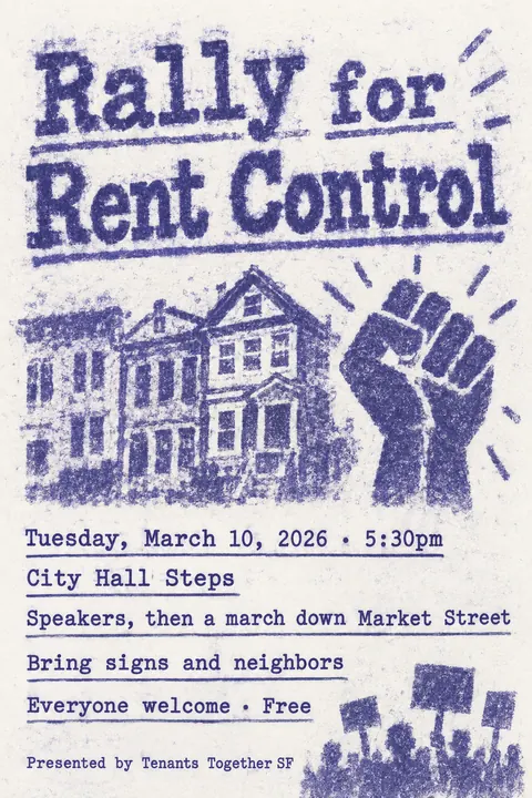 Mimeograph / Ditto Machine style event poster for a fictional protest: Rally for Rent Control