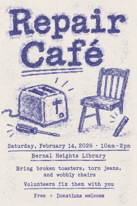 Mimeograph / Ditto Machine style poster for a fictional event called Repair Café