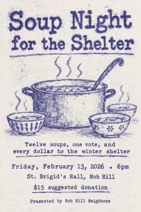 Mimeograph / Ditto Machine style event poster for a fictional fundraiser: Soup Night for the Shelter