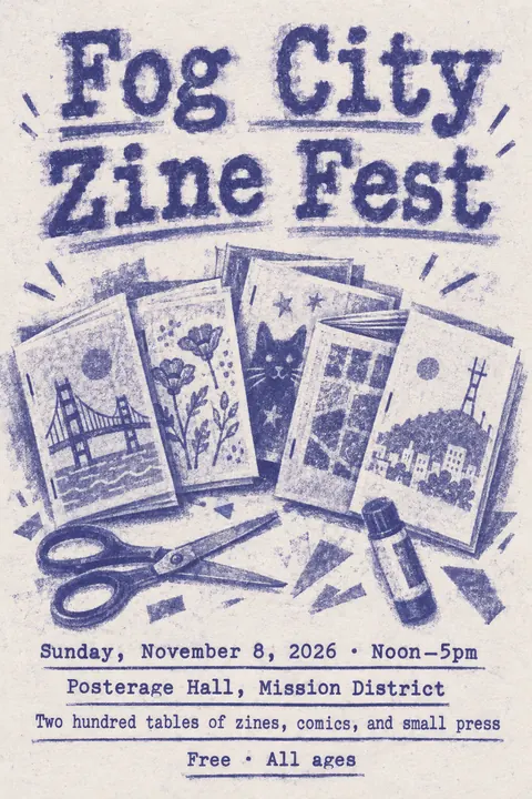 Mimeograph / Ditto Machine style poster for a fictional event called Fog City Zine Fest