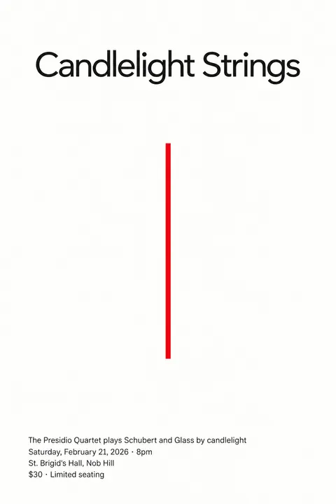 Minimalism (Art) style poster for a fictional event called Candlelight Strings