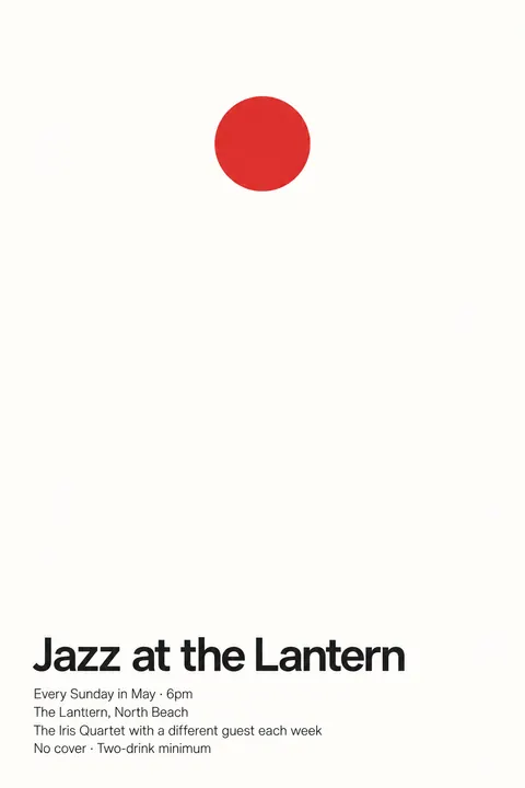 Minimalism (Art) style poster for a fictional event called Jazz at the Lantern