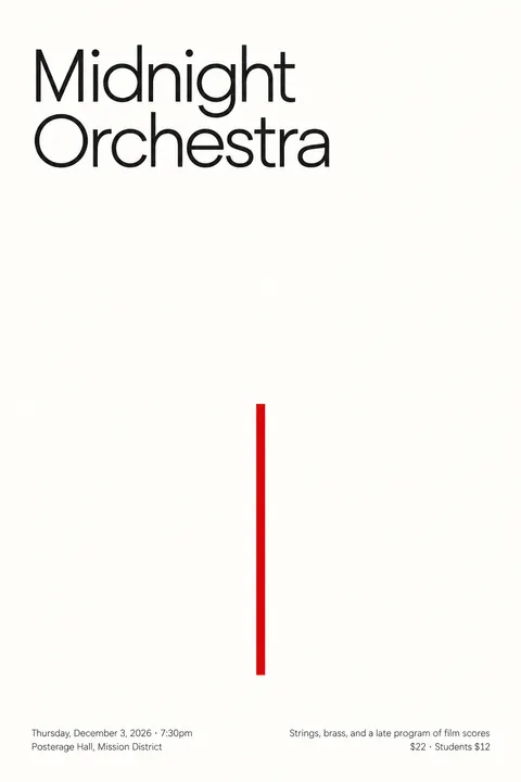 Minimalism (Art) style poster for a fictional event called Midnight Orchestra