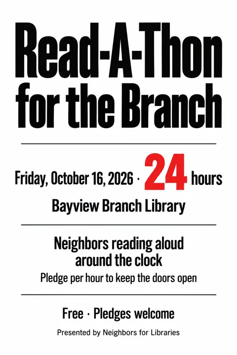 Monochrome + Single Accent style event poster for a fictional fundraiser: Read-A-Thon for the Branch